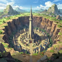 fantasy anime background art of a medieval city built in the bottom of a giant crater with mountains around the edges, with a tall tower in the center, 4k digital art