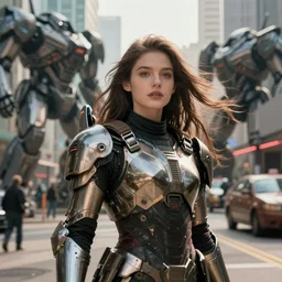 portrait cinematography of beautiful young female, clothed in sci-fi military armor, long hair blowing in the wind. Giant mechs in the streets of Hong Kong. by Anita Sadowska