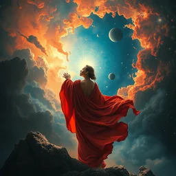 in flowing red robes she watches as the universe is born, full body, supersaturated nebulas, misty, ultra dramatic lighting, bright radial arcs of light, radiant stars, intricate, hyper detailed, masterpiece, beautiful painting by ruan jia, artgerm, alphonse mucha, frank frazetta