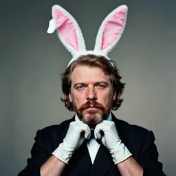 colorimetric photo of joseph stalin wearing latex gloves and bunny ears, surrealism,