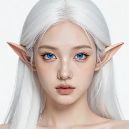 a beautiful portrait, white background, gorgeous fantasy elf. professionally retouched, soft lighting, freckles, realistic, smooth face, detailed gorgeous blue eyes, long white hair, cute ears, wide angle, sharp focus on the eyes, 8 k high definition, insanely detailed, intricate, elegant, sexy, gorgeous, art by artgerm and wlop