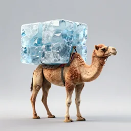 a camel carrying a giant block of ice