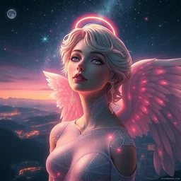 miracle symphony x nightcore aesthetic, scenic upper body, technological optimism, stunning face and eyes, angel, pixiv