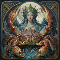 crab with giant claws, lunar crab god, water crown, full moon, lunar imagery, clawed crustaceans, digital oil painting by artgerm, greg rutkowski, mucha, masterpiece portrait | art nouveau. gloomhaven. ornate intricate detail, complimentary water tones. sharp edges. clear detailed. 8 k. elegance