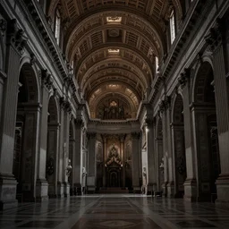 vast halls within the vatican, symmetrical, monolithic, baroque, gothic, grim dark, film noir, stippled light, dramatic lighting, editorial illustration, detailed, fine texture, matte painting, concept art, artstation