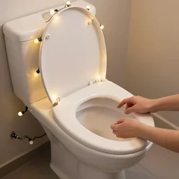 open toilet with human hands inside of it, christmas lights attached