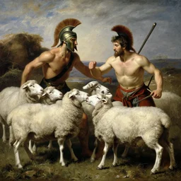 battling Spartans against sheep in the style of  William Adolphe Bouguereau