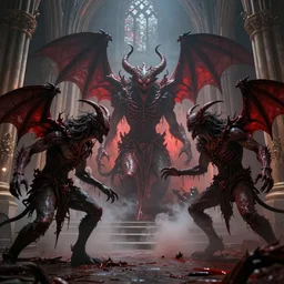 hellspawn demonic creatures battle astaroth lovecraftian monsters, in an abandoned church in the vatican, 8 k, soft lighting, hdr, octane render, cinematic, red fluid on walls of the church, smoke, horrific, photorealistic, bokeh