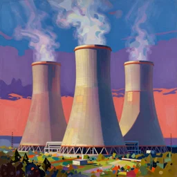 nuclear sci fi power station in the style of Charley Harper and Eric Fraser, post-war, colourful