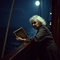 film still from the movie titanic, old woman with white hair leaning over the railing of a ship and throwing a copy of jumanji overboard, medium shot, dimly lit by moonlight at night