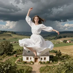 portrait of girl dressed in white clothes , countryside, country style, country house, fantasy character portrait, dynamic pose, above view, view from above, sunny day, thunder clouds in the sky, artwork by Jeremy Lipkin and Giuseppe Dangelico Pino and Michael Garmash and rob rey, very coherent symmetrical artwork, perfect face, simple form, 100mm
