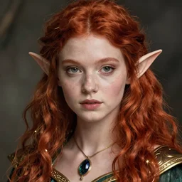 alluring highly detailed close-up portrait of beautiful elf girl with red hair wearing a fantasy outfit, very detailed, realistic, by Frank Zappa, by Stanley Artgerm Lau, greg rutkowski, thomas kindkade, alphonse mucha, loish, norman rockwell J.