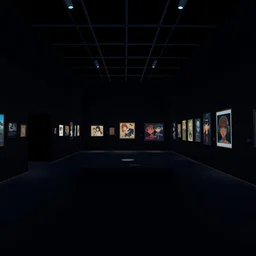 low light museum, sparse room, black walls, dark lighting, blue oled lights in corners, soft neon lights, dark showroom, cel - shading, 2 0 0 1 anime, flcl, jet set radio future, the world ends with you, kid a, cel - shaded, strong shadows, vivid hues, y 2 k aesthetic, art by artgerm