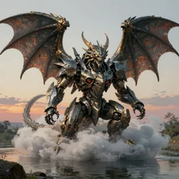 biblical mecha winged dragon sitting slayed, in clouds on a riverside, sunset, big eyes, portrait by mikhail vrubel, studio lighting, muted colors, by frank frazetta, extreme detail, reflections, trending on artstation, 8 k