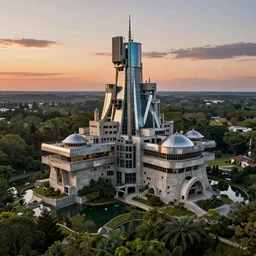 a stunningly detailed Castle designed by Frank Lloyd Wright, surrounded by lush green forest, ponds of water, stunning volumetric lighting, sunset, metal, concrete, glass, stunning skies, trending on Artstation, 8k, photorealistic, hyper detailed, unreal engine 5, Rhinoceros 3D, IMAX quality, cinematic, epic lighting, in the style of Greg Rutkowski