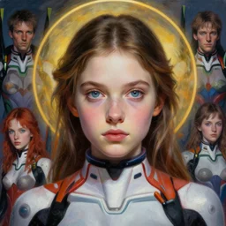 painting, young girl, beautiful face, gorgeous, face visible, halo, cinematic lighting, [ [ [ [ [ [ eva suit ] ] ] ] ] ], wallpaper, extremely detailed, sharp focus, by ilya kuvshinov, magali villeneuve, artgerm, jeremy lipkin and michael garmash and rob rey, intricate, beautiful, award winning, trending on artstation