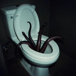 grainy film photo of tentacles coming out of a toilet, very dark, creepy, scary