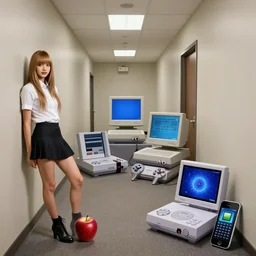 a hallway including an apple lisa, commodore 6 4, ibm pc, nes, playstation 1, nokia 3 3 1 0, iphone and quantum computer, hd, concept art