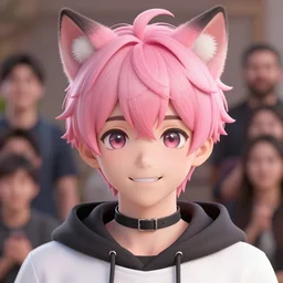 a beautiful half body portrait of a cute anime male with pink hair and pink wolf ears. smiling.. big eyes. black collar. hoodie. character design by cory loftis, fenghua zhong, ryohei hase, ismail inceoglu and ruan jia. volumetric light, detailed, rendered in octane