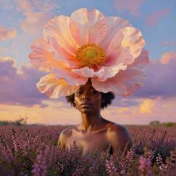 closeup, giant flower over head, an african woman in heather field, surreal photography, golden hour, colorful clouds, impressionist painting, digital painting, artstation, simon stalenhag