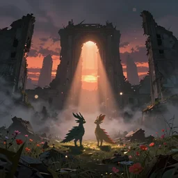 The Last Guardian and Bloodborne mashup, ruined architecture, god rays, bloom, volumetric fog, moody ambiance, cinematic lighting, twilight, sunset, by James Gurney, by Brom, by Caravaggio, by Rubens, fantasy, portfolio illustration, highly detailed, trending on Artstation, CGsociety, HQ, 8k, 35mm lens, f2.8, Bokeh,