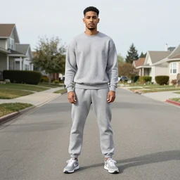 Rocco Botto wearing gray sweatshirt and gray sweatpants and gray 👟 standing in a T-pose on a suburban residential street.
