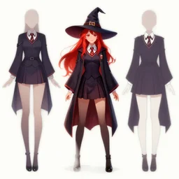 character model sheet of female student witch by greg rutkowski, witch academia, magic school uniform, glowing red hair color, by studio ghibli and ross tran, digital art, trending on artstation, highly detailed, concept art, beautiful, masterpiece