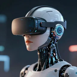 cyber robot wearing vr headset, 3 d illutration, profile face portrait, night, detailed, cyberpunk style, character, detailed,