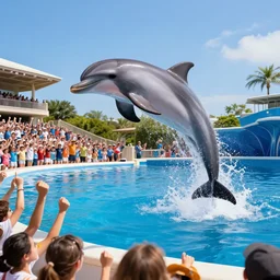a dolphin jumping out of the water at seaworld with large crowd cheering, sunny day, beautiful sunny environment, hyper realistic, extremely detailed, raytracing, art by artgerm, greg rutkowski and alphonse mucha, artstation, octane render