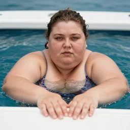 a far shot photo of a obese women swimming behind a boat, 8k, DSLR, highly detailed skin, highly detailed hands