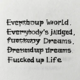 Listen up Listen up Here we go (here we go) It's a fucked up world (world) A fucked up place (place) Everybody's judged by their fucked up face Fucked up dreams (dreams) Fucked up life (life) A fucked up kid with a fucked up knife Fucked up moms (moms) And fucked up dads (dads) A fucked up cop with a fucked up badge Fucked up job (job) with fucked up pay And a fucked up boss is a fucked up day Fucked up press And fucked up lies (lies) While Lethal's in the back with the fucked up eyes