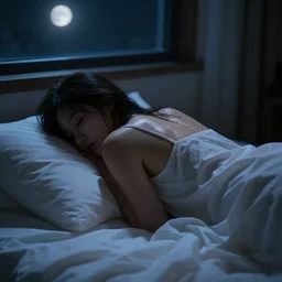 nighttime of a restless young woman sweating in her bed, a dark room lit only by moonlight through a dark window, white sheets and white nightgown, backlit glow, beautiful, insomnia, art by sam yang