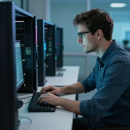 man sitting hacking the system stock photo