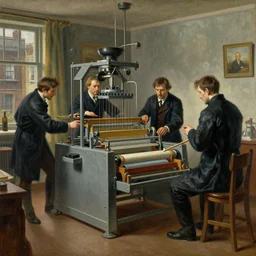 pneumatic chemist gangsters working the air loom remote mind control machine in a london apartment, artstation marc simonetti andrei riabovitchev rembrandt 1 9 th century oil on canvas shimmer