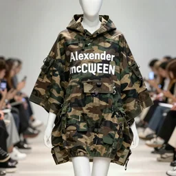 fashion design, tactical camouflage poncho by alexander mcqueen and acronym, rim light, high key, ultra detailed