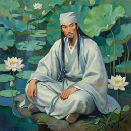 fully clothed bard sitting by the lotus pond. this heavily stylized oil painting by the award - winning comic artist has interesting color contrasts, plenty of details and impeccable lighting.