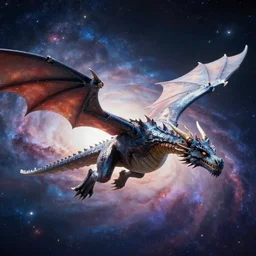 dragon flying in space, glowing galaxy in the background, cinematic, detailed, clean, realistic