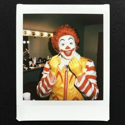 polaroid photo of Ronald McDonald putting on makeup in the dressing room, premiere nerves, style of Karl Lagerfeld