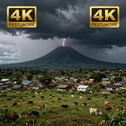 a grassy landscape with a village and cows during thunderstorm, dark sky, volcano in the background, dark colored background, hyperdetailed, hyperrealistic, award winning professional photograph, top view, 8 k
