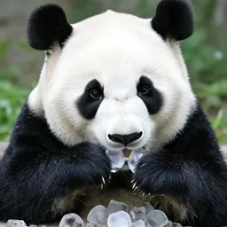 panda chewing on ice cubes