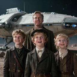 extremely sharply detailed, from blockbuster sci fi 4 k color movie freeze frame, set in 1 8 6 0, family standing in front of a crashed spaceship, on alien planet, looking happy, wearing 1 8 5 0 s era clothes, atmospheric lighting, in focus, reflective eyes, 8 mm macro lens, live action, nice composition, good photography, clear facial details