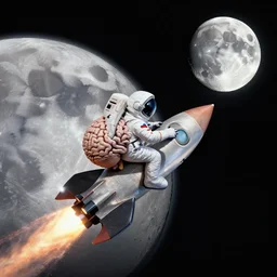 a brain riding a rocketship heading towards the moon.
