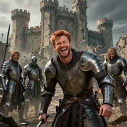 laughing ( ( copper haired chris hemsworth ) ) as destruction from sandman looking like kristofer hivju!!, in front of a destroyed castle, medival armour!!, by jeremy mann, by frank moth, jeff easley, alphonse mucha, dave mckean, soft lightning, high detailed, 8 k