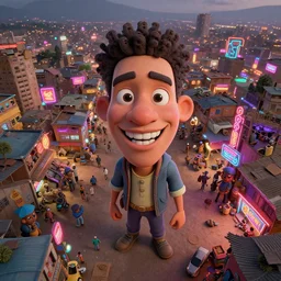 3 d vfx - caricature - art of a bustling - neon lit - ajegunle slum in nigeria, unreal engine render, digital illustration, illustration style by mike winkelmann, sharp, intricate detail, volumetric light, ray tracing, soft light, colourful, photo by vivian maier, claymation, fish eye lens, drone perspective, acrylic, cinestill 8 0 0 t