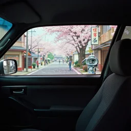 fuji 5 0 r, 3 5 mm ; film still of syd mead car interior with front seat side window view with in background a projection of beautiful hyperrealistic film still from sakura tokyo ( 1 9 9 0 ) still life scene directed by wes anderson with a street in style of 1 9 9 0 s frontiers in miniature porcelain kintsugu design magazine seinen manga edition, real - life seinen manga porcelain sci - fi font izakaya sign, highly detailed, cinematic lighting, 8 k