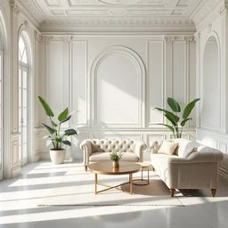 a modern indoor room, clean baroque architecture, pastel colored, a chesterfield couch, a couch table, some fresh plants, daylight, peaceful, 8 k octane render