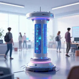 teleportation machine in a brightly lit room, with people in the background busy with their lives, style of glitch art