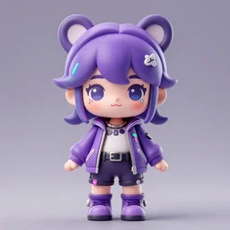 portrait of a anime and chibi very cute doll with purple jacket design by antonio mello, xkung work, nendoroid, kawaii, genshin, cyberpunk fashion, character modeling, toy design, substance 3 d painter, blender, mental ray, zbrush, soft vinyl, bio luminescent, maximalist sculpted design portrait, studio photo, 7 0 mm lens, trending in artstation