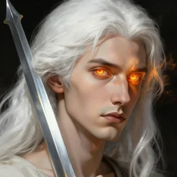 « man, his head and his hair were white like wool, and his eyes were as a flame of fire, and out of his mouth came a sharp two - edged sword : and his face was like the sun shining in its strength, grim - lighting, high - contrast, intricate, elegant, highly detailed, digital painting, artstation, concept art, smooth, sharp focus, illustration »