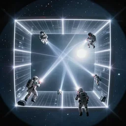 wide view of futuristic spacemen firing lasers in zero gravity, floating, in the sky, bright white light, hiding behind obstacles, surrounded by a square laser grid, unreal engine, lensflares, low perspective, fish eye